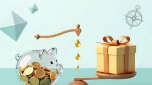 Стеклянная копилка и весы с подарком символизируют математический расчет приветственных бонусов в слотах Sabi4D Romania