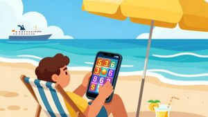 Путешественник играет в низковолатильные слоты на смартфоне, отдыхая на пляже по гиду Sabi4D Romania